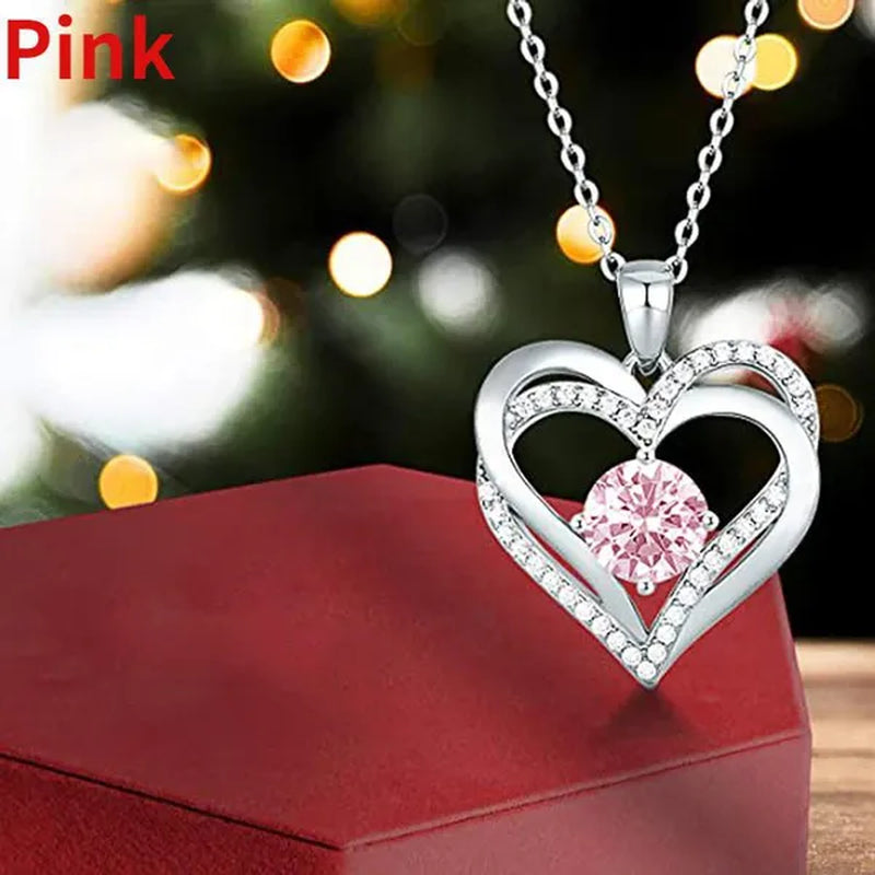 Exquisite Fashion Golded Plated Pave Setting Diamond Double Heart Pendant Necklace for Women Bridal Wedding Romantic Gift