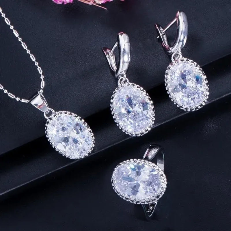 CANDICE Romantic Round Shaped Purple Crystal Sterling Silver Plated Jewelry Set For Party Necklace Earrings Ring Sets（US 6-9)