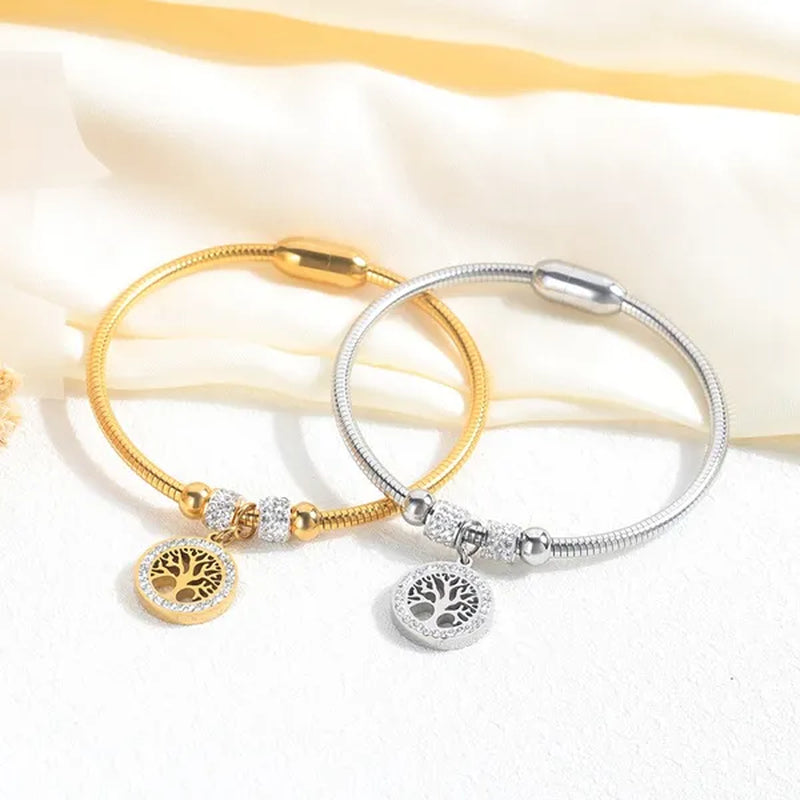 Gold Plated Tree of Life Bangle Bracelet Women Stainless Steel Family Tree Charm Bracelets with AAA Rhinestones & Magnetic Buckle