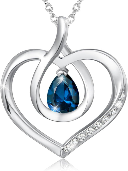Heart Birthstone Necklace for Women Sterling Silver Genuine or Created Gemstone Forever Love Pendant Necklace Fine Jewelry Anniversary Birthday Gifts for Women Girls Mom Wife Her