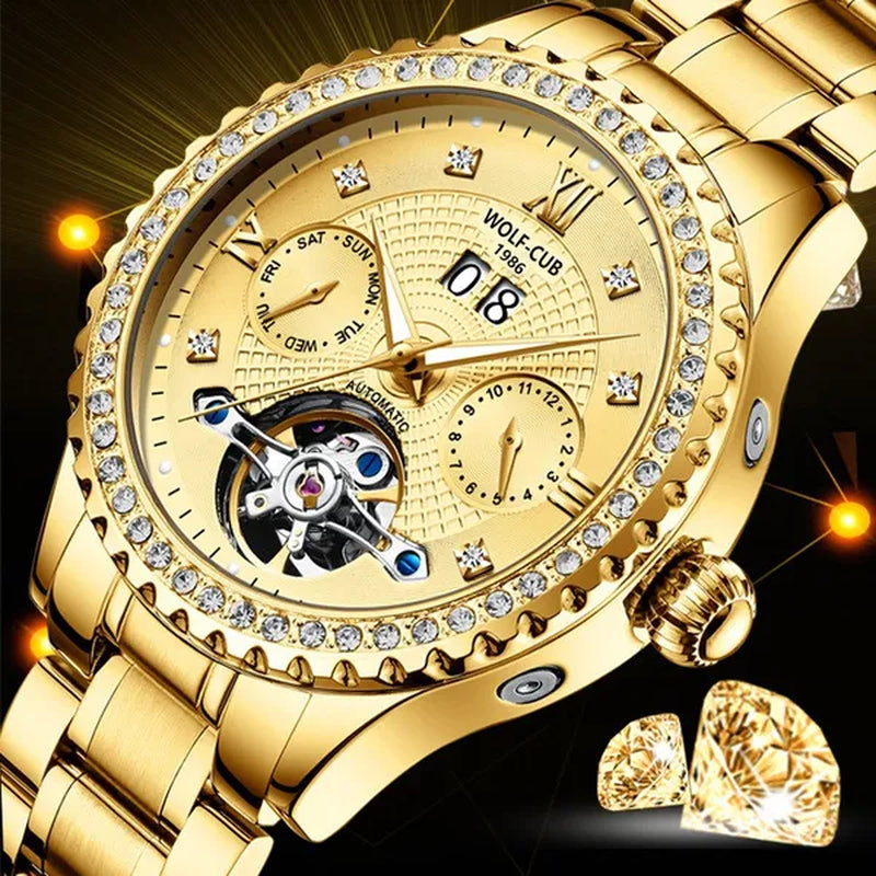 WOLF-CUB New Men Luxury Diamond Watch Full Gold Watch Tourbillon Mechanical Watch Automatic Watch Stainless Steel Waterproof Luminous Relogio Masculinos