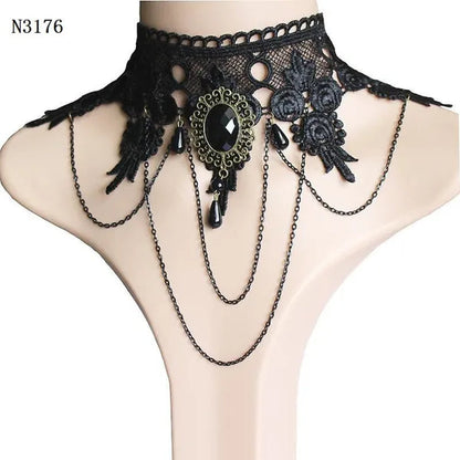 Black Lace Necklace Chokers Vintage Style Female Gothic Wedding Red Rose Crystal Diamond Pendant Collarbone Necklaces Chain Accessories for Women Girls