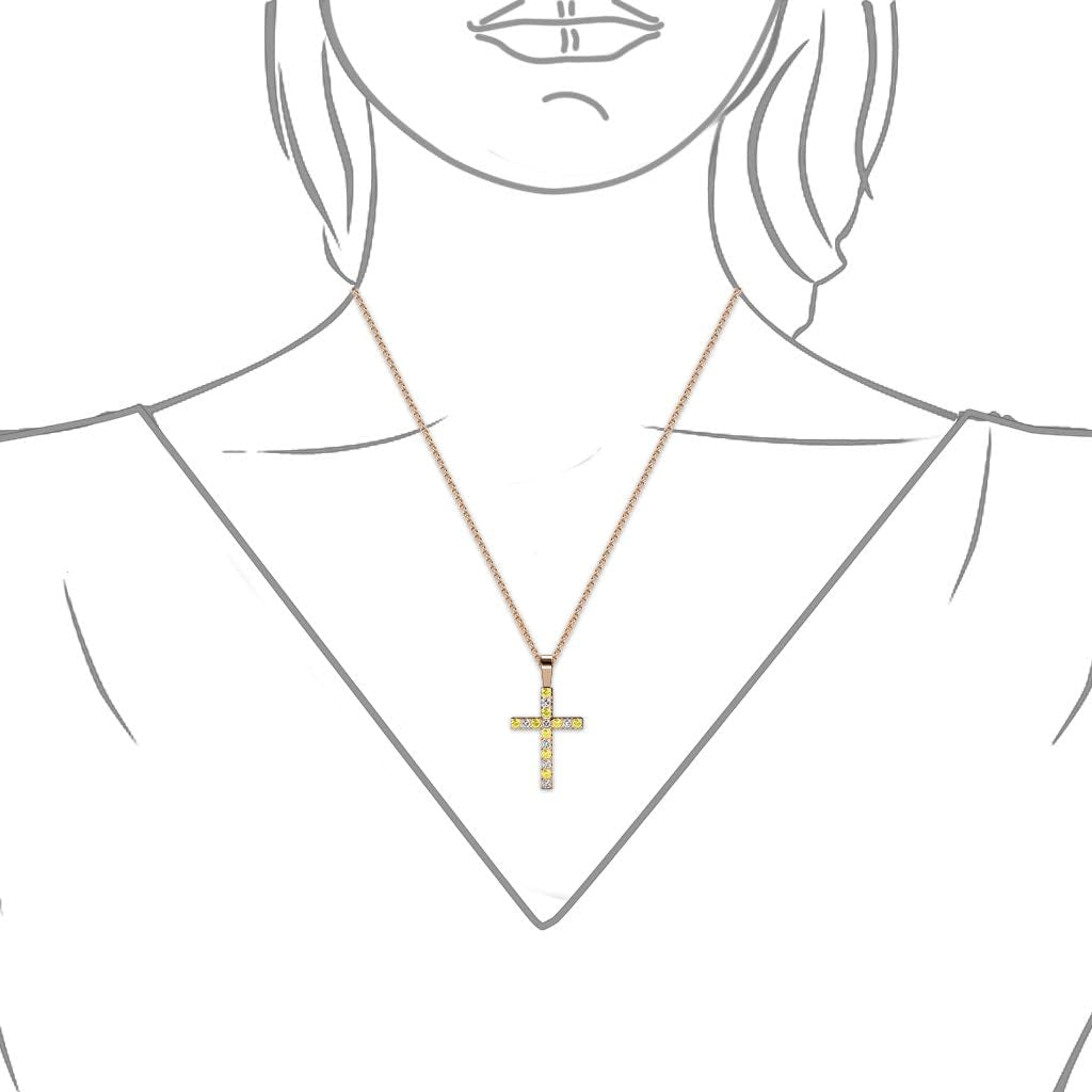 Yellow Sapphire & Natural Diamond (SI2-I1,G-H) Cross Pendant 0.53 Ctw 14K Gold. Included 16 Inches 14K Gold Chain.