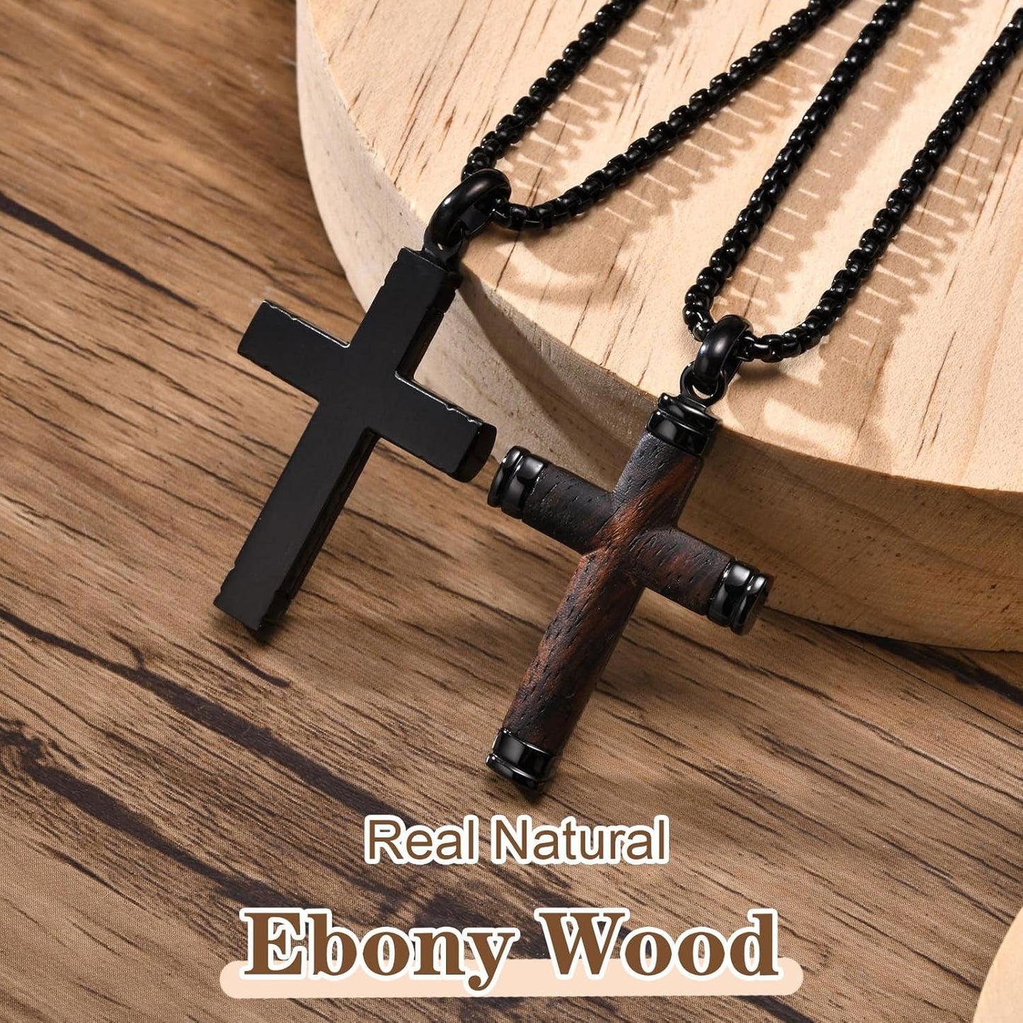 Wooden Cross Necklace for Men-Hawaiian Real Handmade Ebony Wood Cross Pendant Necklace Stainless Steel Chain, Mens Brown Cross Necklaces Koa Wood Jewelry Christian Baptism Crucifix Pendant for Men