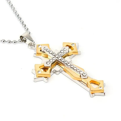 Fashion Men's Creative Diamond Cross Necklace Double Pattern Jesus Cross Pendant Hip Hop Necklaces for Men Cross Jewelry Religious Belief Amulet Birthday Anniversary Gift