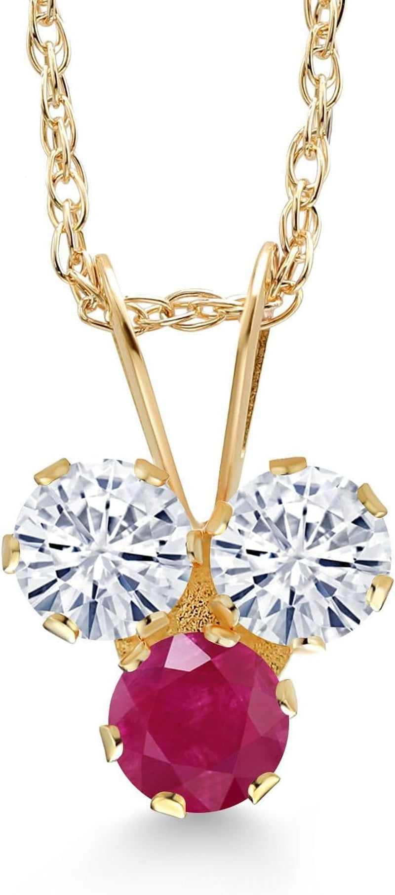 14K Yellow Gold White Moissanite and Red Ruby 3-Stone Pendant Necklace for Women (0.36 Cttw, Gemstone, round 3MM, 18 Inch Chain)