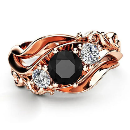 Temperament Obsidian Rose Gold -Plated Ring Fashion Flower Line Black Diamond Claw Set Twisted Belt Design Rose Gold Female Engagement Wedding Ring Birthday Anniversary Gift (Size: 5-11)