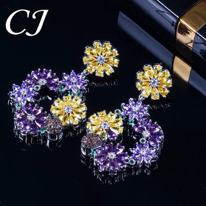 CANDICE Noble Purple Crystal Big Long Dropping Earrings Setting White Gold Plated Yellow Cubic Zirconia Graceful Floral Women Prom Party Jewelry With Sterling Silver Plated