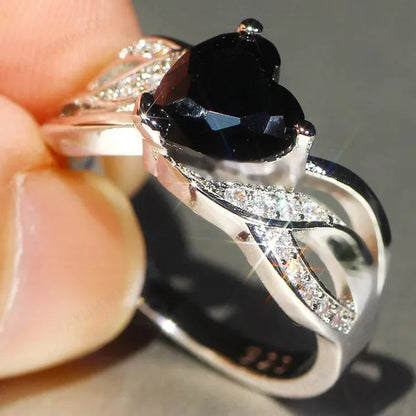 Silver Natural Gemstones Black Sapphire Heart Ring Wedding Bride Engagement Band Charm Mum Ring Jewelry Valentine's Day Gifts Christmas Gift