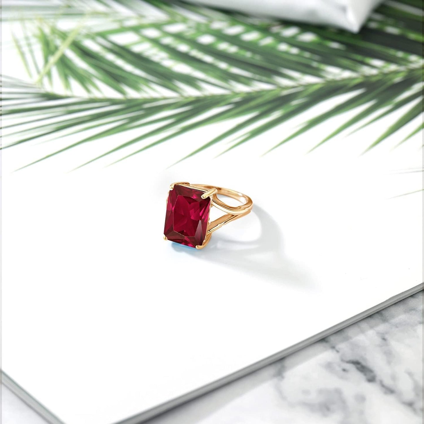 18K Yellow Gold Plated Silver Emerald Cut Created Ruby Solitaire Ring for Women (8.00 Cttw Available in Size 5, 6, 7, 8, 9)