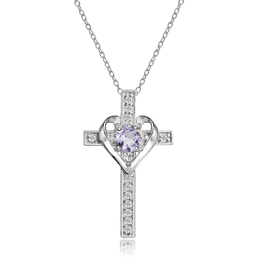 Sterling Silver Amethyst and White Topaz Heart Cross Birthstone Pendant Necklace