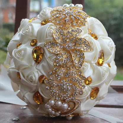 Private Custom 18CM Wedding Bouquet Luxury Gold Crystal Brooch Bride Bouquet Pure Handmade Silk Rose Ribbon Wedding Bride Holding Flowers Multi-Color Optional