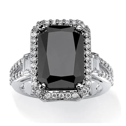 Fashion Silver Plated Filled emerald Cut Natural Obsidian & Lab Diamond Lover Wedding Ring Jewelry
