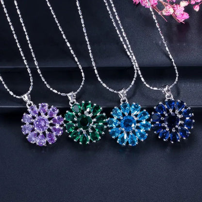 Gloriya Shining Purple Stone Sun Flower Pendant Necklace Earrings Ring Set For Women Newest Silver Color Jewelry