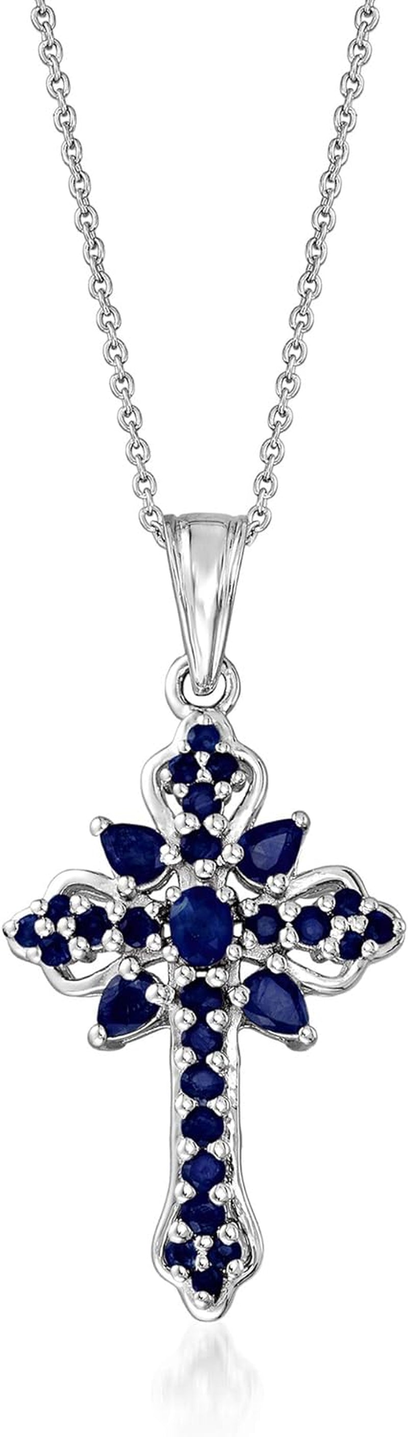 1.42 Ct. T.W. Sapphire Cross Pendant Necklace in Sterling Silver. 18 Inches