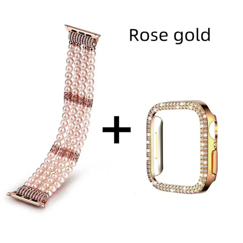 Diamond Case + Pearl Strap for Apple Watch Strap 49Mm 40Mm 44Mm 41Mm 45Mm 38Mm 42Mm 40Mm Iwatch Series 9 Ultra 8 7 6 5 4 3 2 1 SE