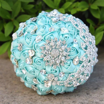 18CM Luxury Crystal Brooch Bride Bouquet Holding Flower Ribbon Lace Wedding Bouquet Artificial Simulation Rose Wedding Flower Bridesmaid Bouquet