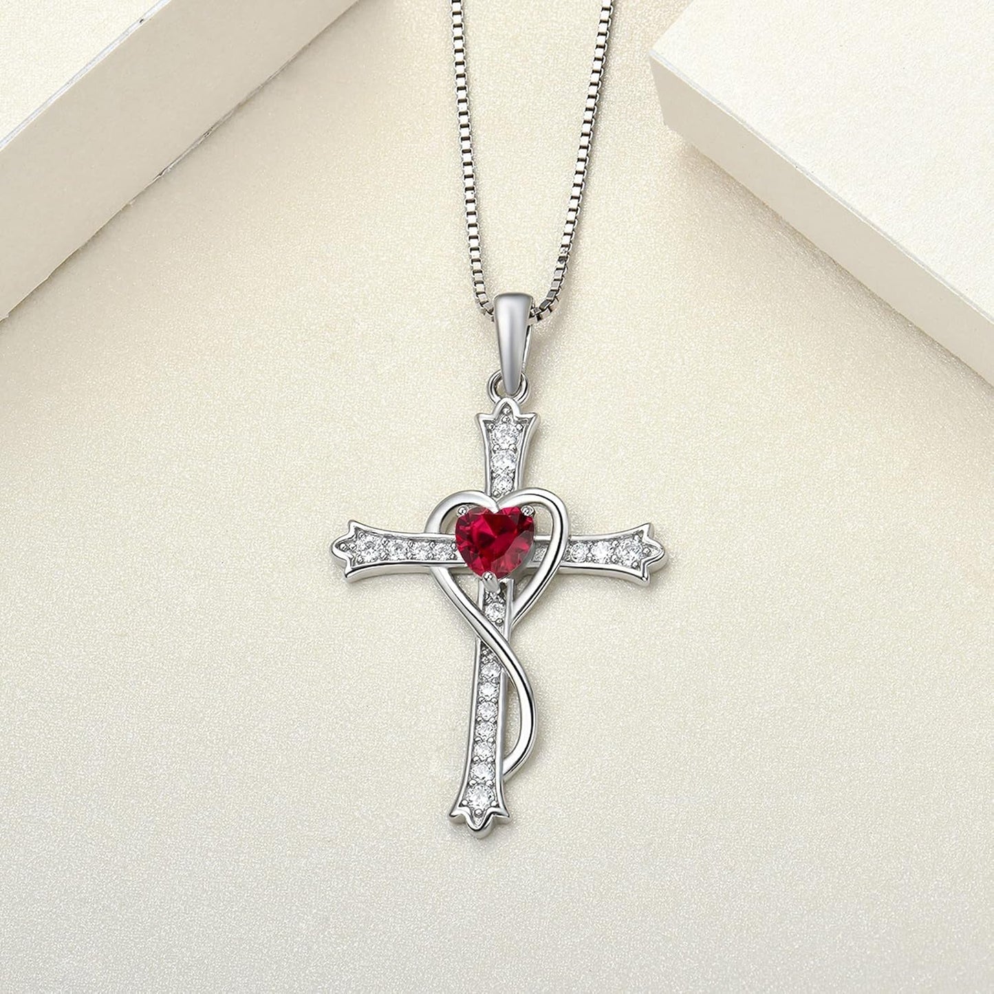 Heart Cross Necklace 925 Sterling Silver Birthstone Twisted Pendant Jewelry for Women