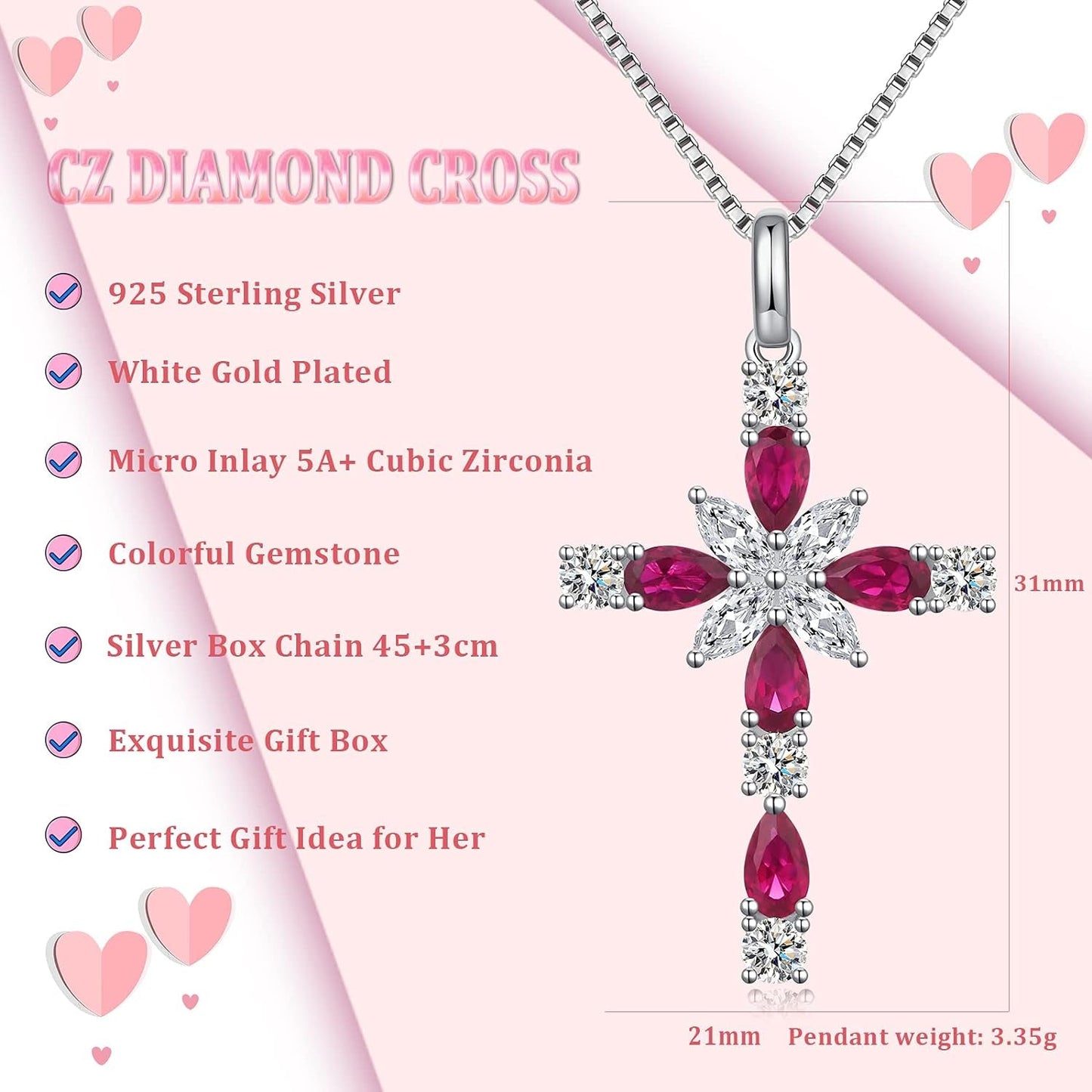 Star Cross Necklace for Women 925 Sterling Silver Infinity Cross Pendant with Birthstone Cubic Zirconia, Cross Jewelry Gift for Women Mom Girlfriend, with Gift Box