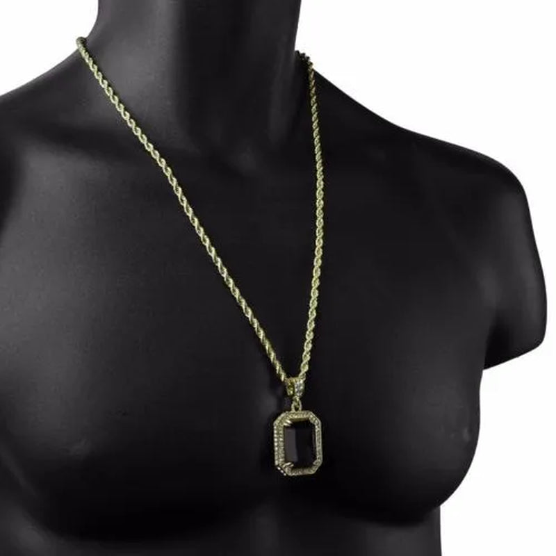 Mens Hip Hop 14K Gold Plated Simulated Black Ruby Pendant 24" 4Mm Rope Chain