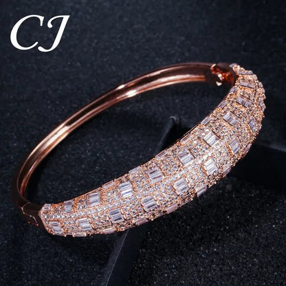 CANDICE Exclusive Design Rose Gold Plated Dubai Wedding Wide Bangle Ring Set Full Hand-inlaid Cubic Zirconia African Bridal Open Cuff Bracelet Jewelry Sets for Women Prom Party