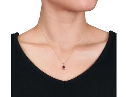 1.00 Carat (Ctw) Lab Created Ruby Solitaire Pendant Necklace in 10K Yellow Gold with Diamonds 1/10 (Ctw I2-I3) and Chai