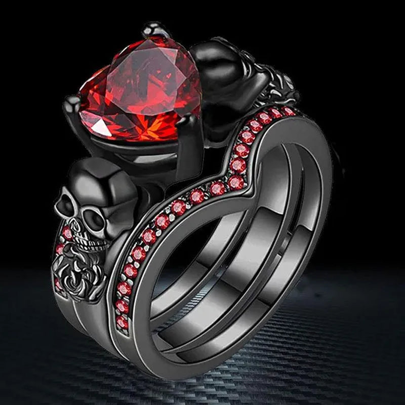 Gothic Skull Black Rings Set Women Rose Flower Red Purple Heart Love Zircon Crystal Christmas Anniversary Engagement Gift