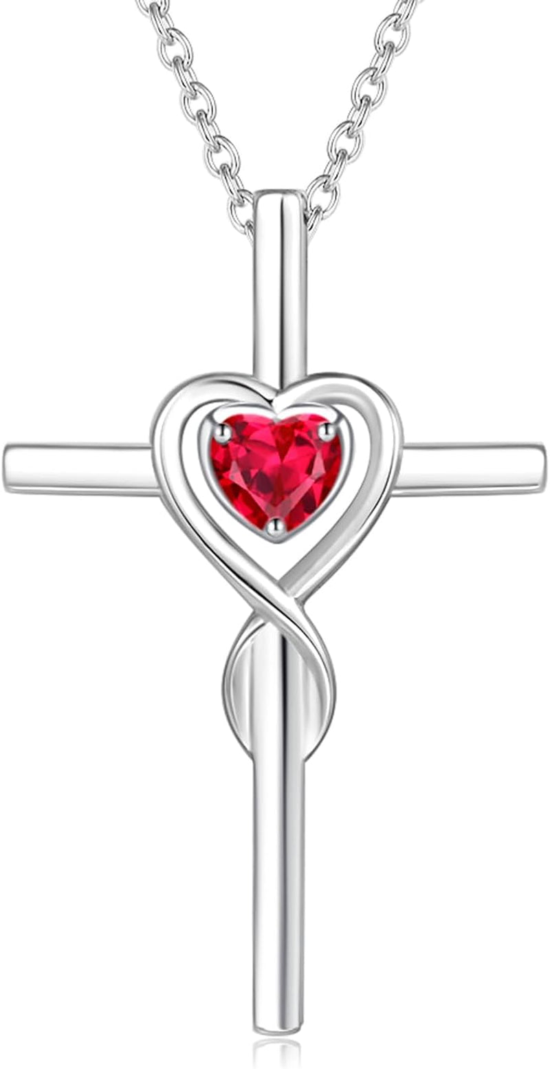 Birthstone Cross Necklace for Women Birthstone Necklace Heart Infinity Cross Pendant Necklace Fine Jewelry Christmas Valentines Day Gifts Birthday Holiday Gifts for Her, 16"+2" Inches