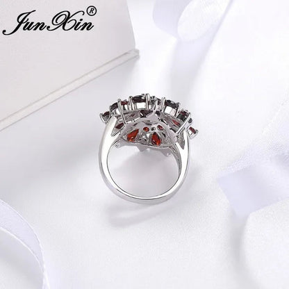 Junxin Fashion Full Of Garnet Red Ruby Wedding Ring Silvery Engagemnet Jewelry Size 6 7 8 9 10