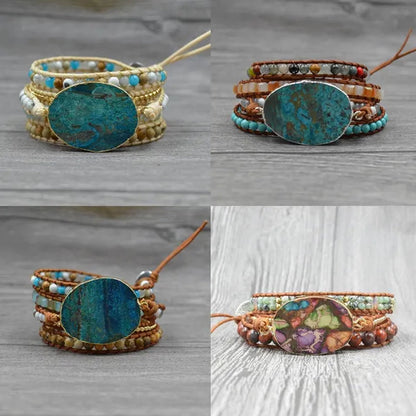 Vintage Boho Handmade Turquoise Charm Natural Stone Beads Bracelets Adjustable Wrap Leather Bracelet Jewelry