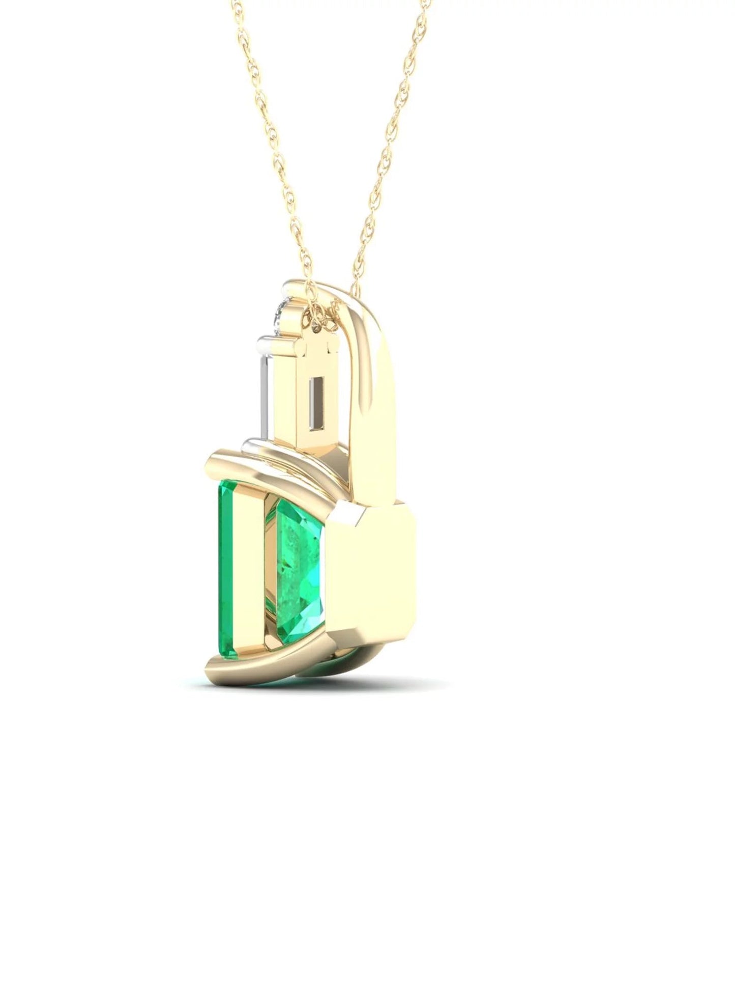 Gemstone 10K Yellow Gold Octagonal Cut Emerald and Diamond Pendant Necklace