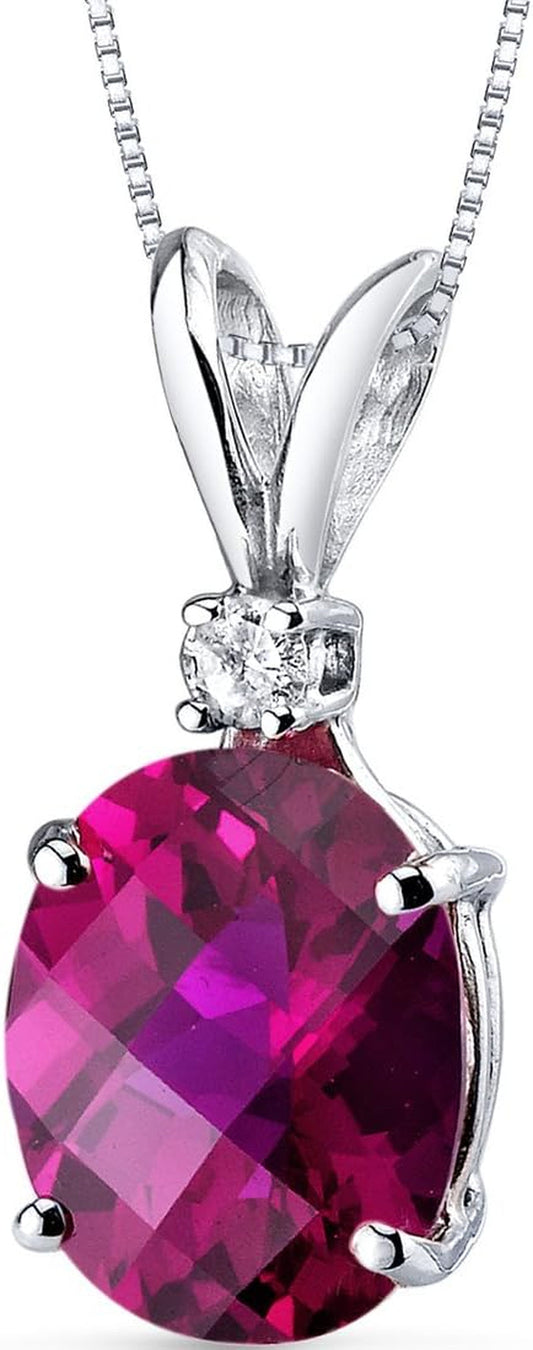 Created Ruby with Genuine Diamond Pendant in 14K White Gold, Elegant Solitaire, Oval Shape, 10X8Mm, 3.50 Carats Total, Sparkling V-Day Gift, Women Gift Ideas W/Jewelry Box