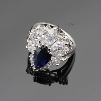 Blue Zircon With White Topaz Crystal Water Drop Shaped Silver Jewelry Sets Necklace Pendant Earring Ring Bracelet For Women
