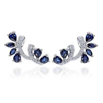 Trendy Women Climbing Earrings Cubic Zirconia Blue Sapphire Earrings Bridal Wedding Flower Earrings Valentine'S Day Gift