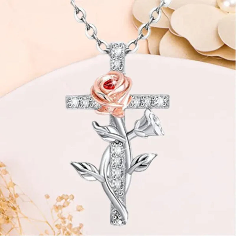 Elegant Fashion Creative Cross Rose Necklace Natural Crystal Cross Diamond Necklace Religious Cross Flower Pendant Women'S Necklace Wedding Pendant Birthday Party Anniversary Gift
