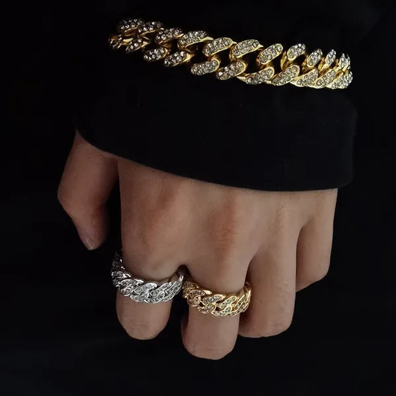 Iced Out Watch 18K Gold Diamond Miami Cuban Chain Link Choker Hip Hop Jewelry Gold Chain for Men Necklace Bracelet Ring Set