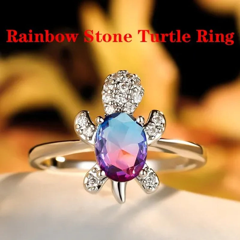 Rainbow Stone Turtle Rings Cute Animal Sea Turtle Ring White Sapphire Diamond Ring Ocean Style Turtle Aquamarine Crystals Rings for Women and Men Birthday Party Anniversary Gift Wedding Engagement Ring Jewelry 14 Colors Size 5-11