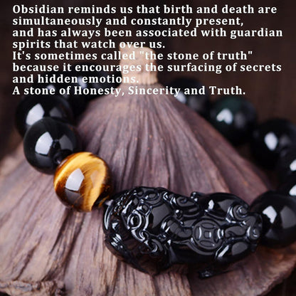 Beaded Bracelets,Protection Bracelets for Men Women，Feng Shui Bracelet Amulet Pixiu Black Vintage Bracelet Natural Black Obsidian Tiger Eye Beaded Chakra Balancing Bracelet Crystal Ward-Off Evil Spiri