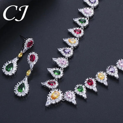 CANDICE White Gold Plating Sparkling Cubic Zirconia Choker Necklace Sets with Dangle Earrings Inlay Crystal Citrine Yellow Stone Evening Party Jewelry Set for Women