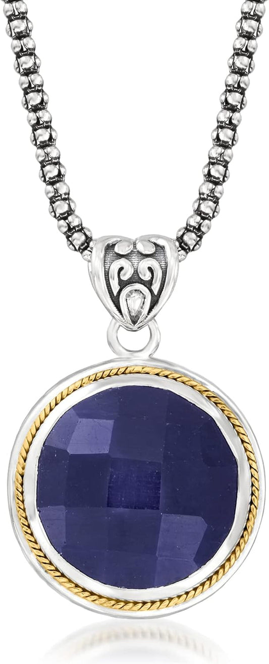 15.00 Carat Sapphire Pendant Necklace in Sterling Silver and 18Kt Yellow Gold. 18 Inches