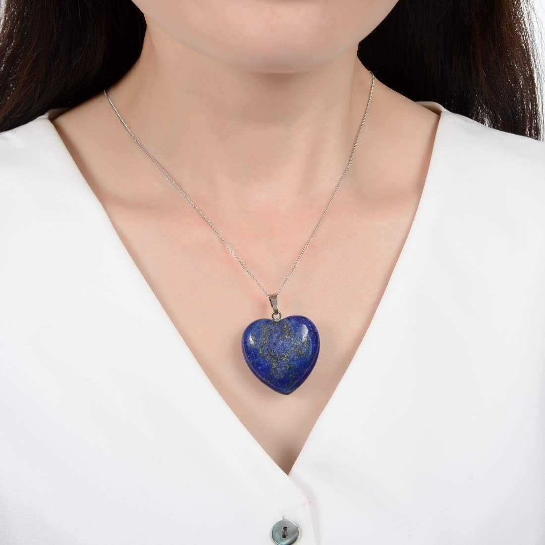 1Pc  Real Sterling Silver Blue Lapis Lazuli Gemstone Large Heart Drop Pendant Necklace 18 Inch Healing Crystals Chakras Stone Jewelry Gift NK18-16