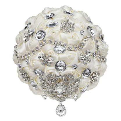Shiny Luxury Rhinestone Brooch Pendant Wedding Bouquet 21CM Silk Rose Flower Diamond Bridal Bouquet Handmade Bridesmaid Holding Flowers