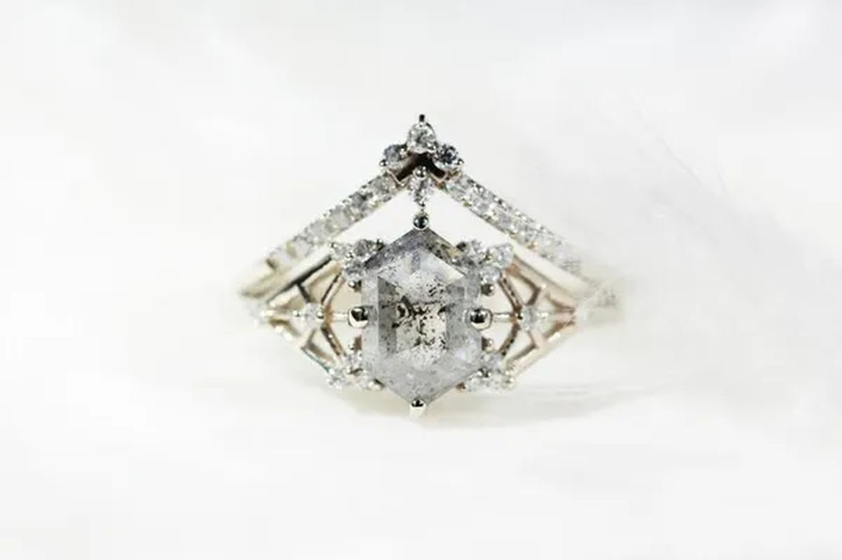 Salt and Pepper Diamond Engagement Ring Hexagon diamond engagement ring bridal ring alternative ring