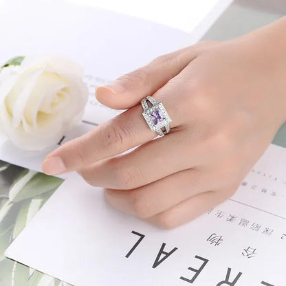 Trendy Silver Color Classic Purple Zircon Women'S Ring Bridal Wedding Anniversary Christmas Gift Beach Party Jewelry Size 6-10 Bague Femme