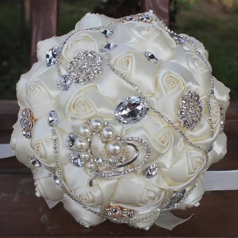 18CM Bride Holding Flowers Shiny Diamond Brooch Pearl Wedding Bouquet Mixed Color Satin Rose Bridesmaid Bouquet Customizable