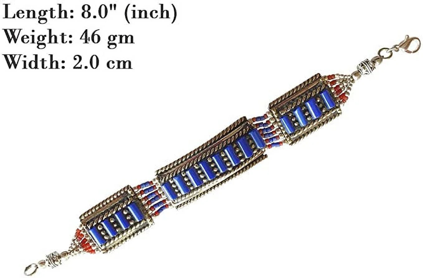 Lapis Lazuli & Coral Gemstone Handmade Tibetan Bracelet for Women & Men Oxidized 925 Silver Plated Unique Designer Boho Ethnic Gypsy Boho Bracelet Jewellery by Artisan