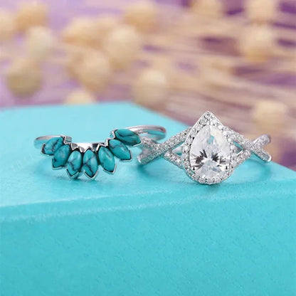 2 Pcs/Set Gifts Handmade Luxury Exquisite Ring Fashion Jewelry Europe and America Noble Elegant Woman Ring Set Natural White Sapphire Zircon Diamond Turquoise Ring Anniversary Party Engagement Bride Princess Wedding Jewelry Christmas Gift Ring Size US4-11
