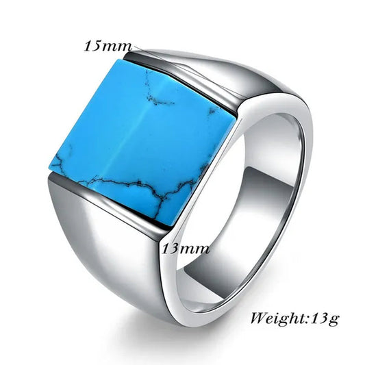 Vintage Men's Single Turquoise Ring Stainless Steel Personality Roof Shaped Gemstone Rings jewelry Gift for Business Elite Boyfriend Dad