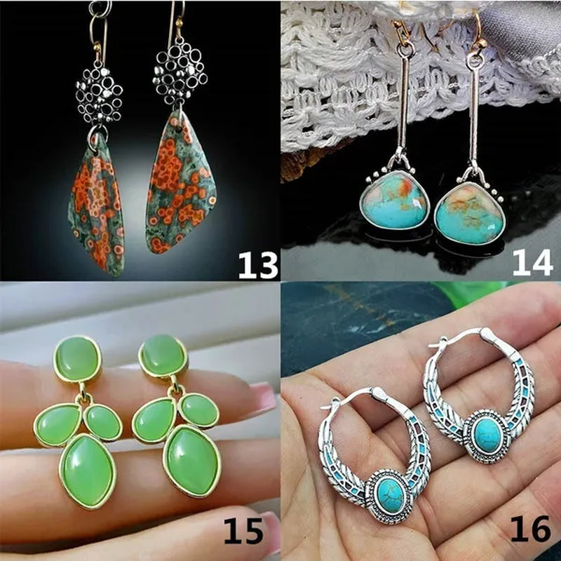 1 Pair Antique 925 Sterling Silver Pendant Earrings Natural Gemstone Inlay Dangle Earrings Bridal Engagement Wedding Anniversary Gift Bohemian Style Earrings