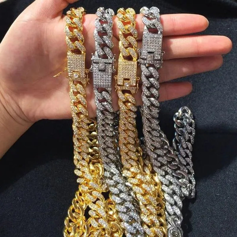 A Set(Bracelet+Necklace) 13MM Width Cuban Link Chain Gold Silver Plated Bling Miami Cuban Necklace Bracelet Diamond Chain for Fashion Men and Women Iced Out Hip Hop Jewelry Set